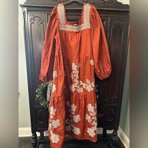 Women's Orange Midi Dress with White Floral Embroidery
